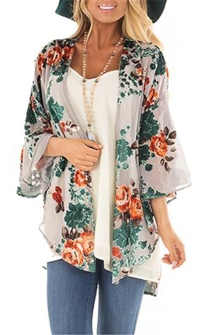 Womens Kimono Cardigans Floral Print Chiffon Beach Cover ups Loose Casual Tops | Amazon (US)