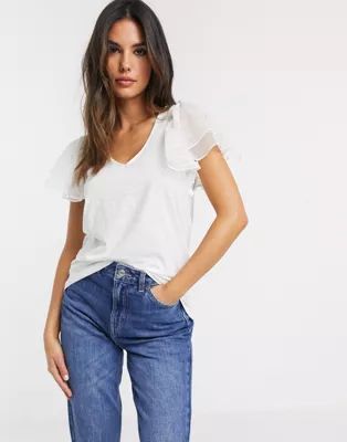 River Island short sleeve v neck frill t-shirt in white | ASOS (Global)