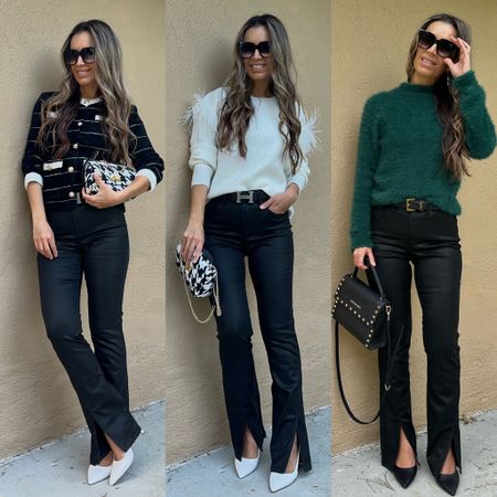 Black coated flare jeans with slits are true to size / wearing sz 4 regular
White and emerald green sweater runs slightly small. I sized up to a Medium.




Fall fashion fall outfits fall outfit fashion over 40 fashion over 50 minimalistic style mom fashion holiday shoes holiday pumps christmas outfit thanksgiving outfit 


#LTKGiftGuide #LTKHoliday #LTKSeasonal