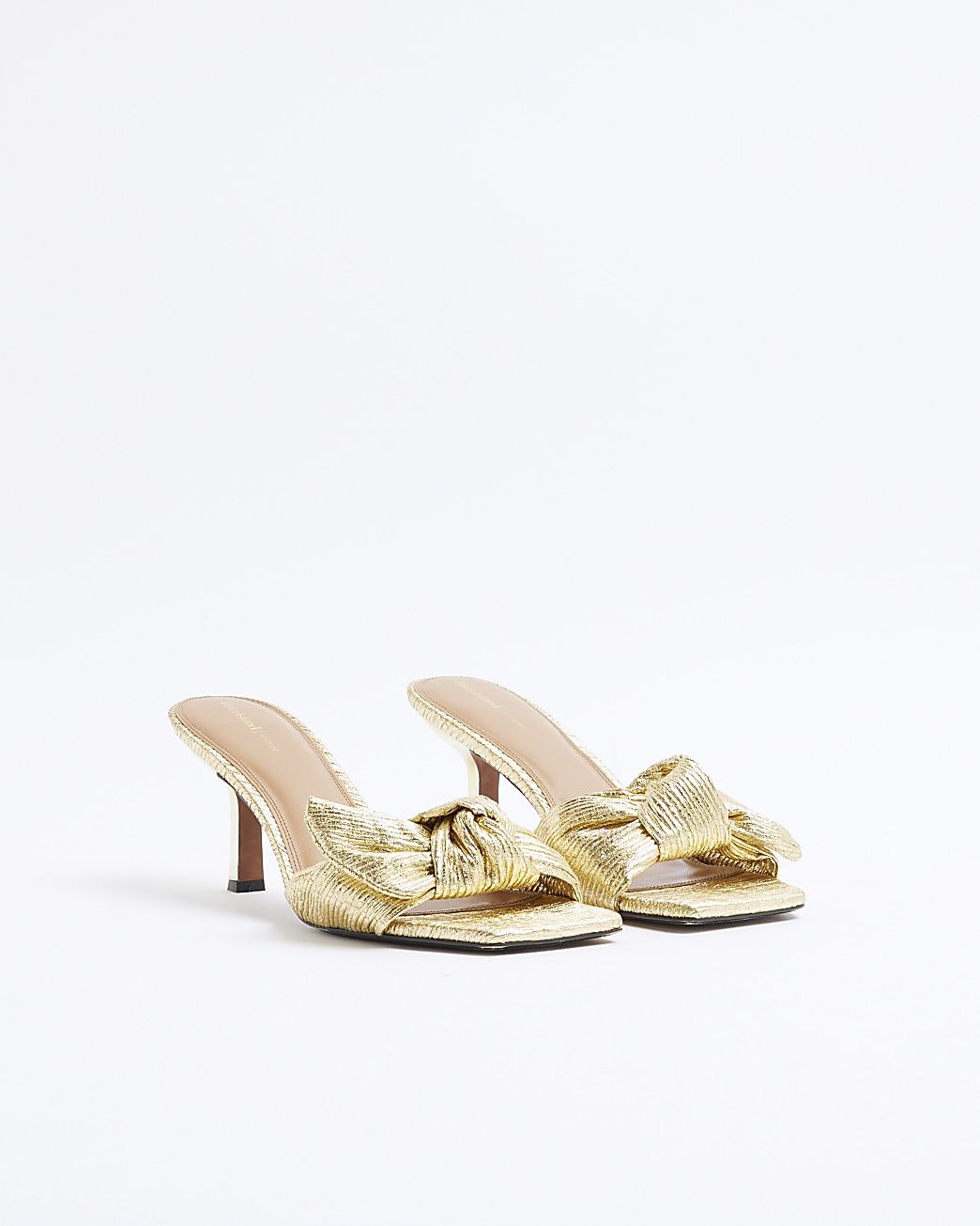 Gold ruched bow heeled mule sandals | River Island (UK & IE)