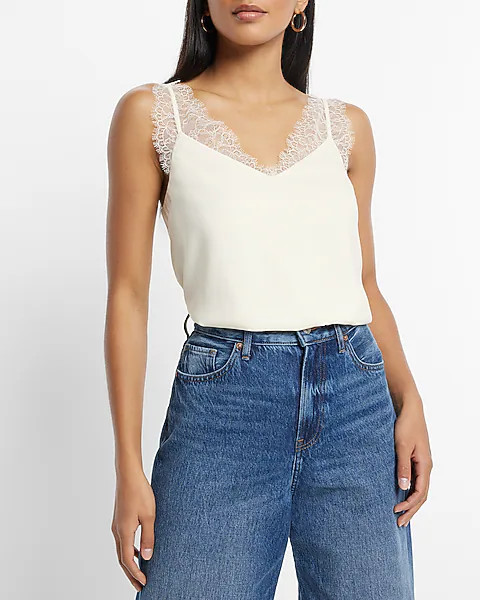 Satin Lace Strap V-Neck Downtown Cami | Express