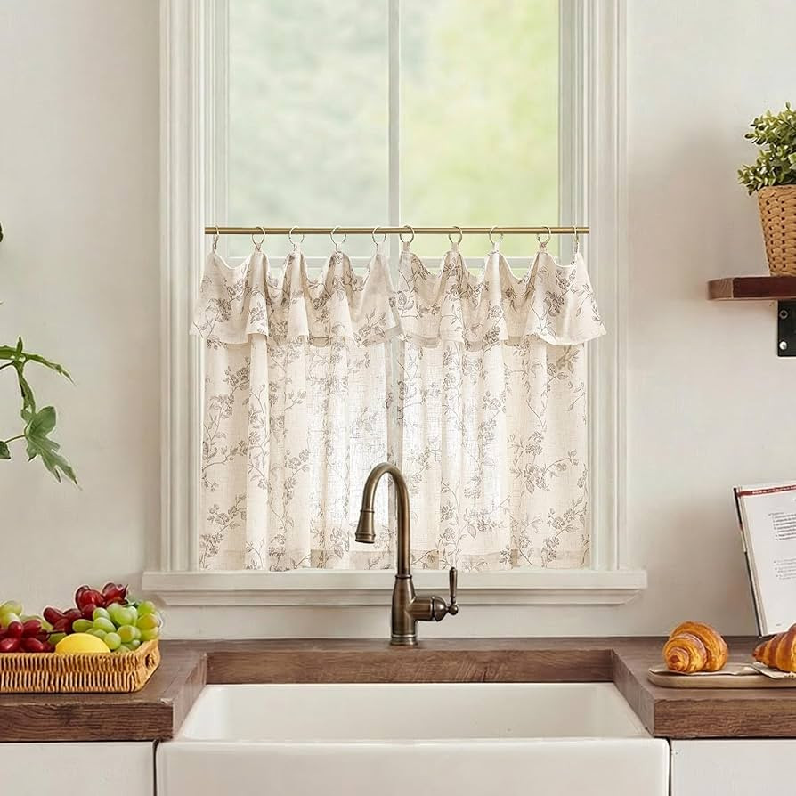 jinchan Floral Linen Kitchen Curtains with Attached Valance 24 Inch Length Farmhouse Cafe Tier Cu... | Amazon (US)
