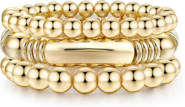 14K Gold Plated Bangles Bracelet for Women Chunky Curved Stacking Plated Bead Ball Stretchable Br... | Amazon (US)