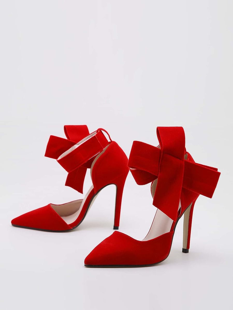 Point Toe Bow Decor Ankle Strap Stiletto Heels | SHEIN