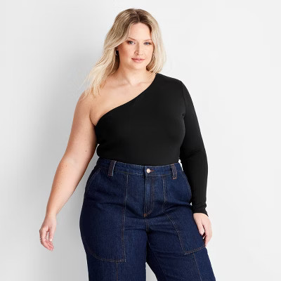 Women's Long Sleeve One Shoulder Bodysuit - Future Collective Black 1X | Target