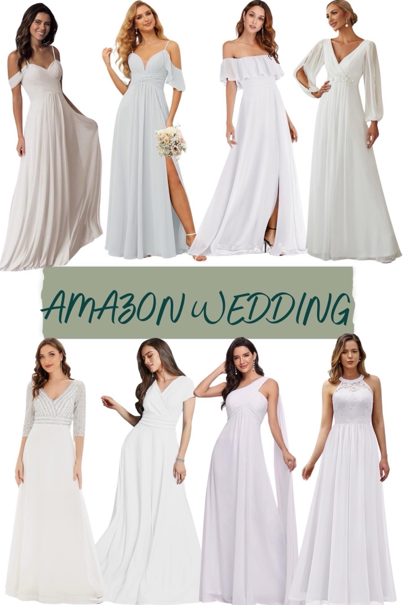 Affordable Amazon long white maxi wedding dresses.

These gowns could also work for engagement photos, rehearsal dinner, or as reception dresses. 

#LTKParties #LTKWedding #LTKSeasonal