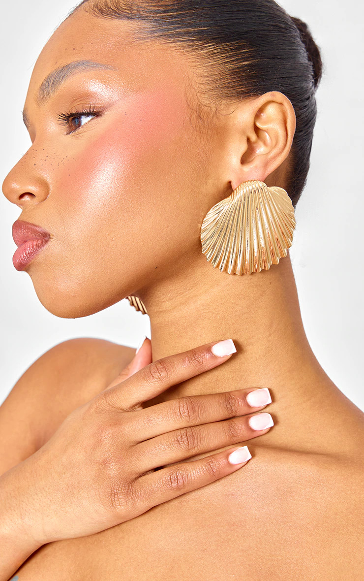 Gold Oversized Shell Statement Earrings | PrettyLittleThing US