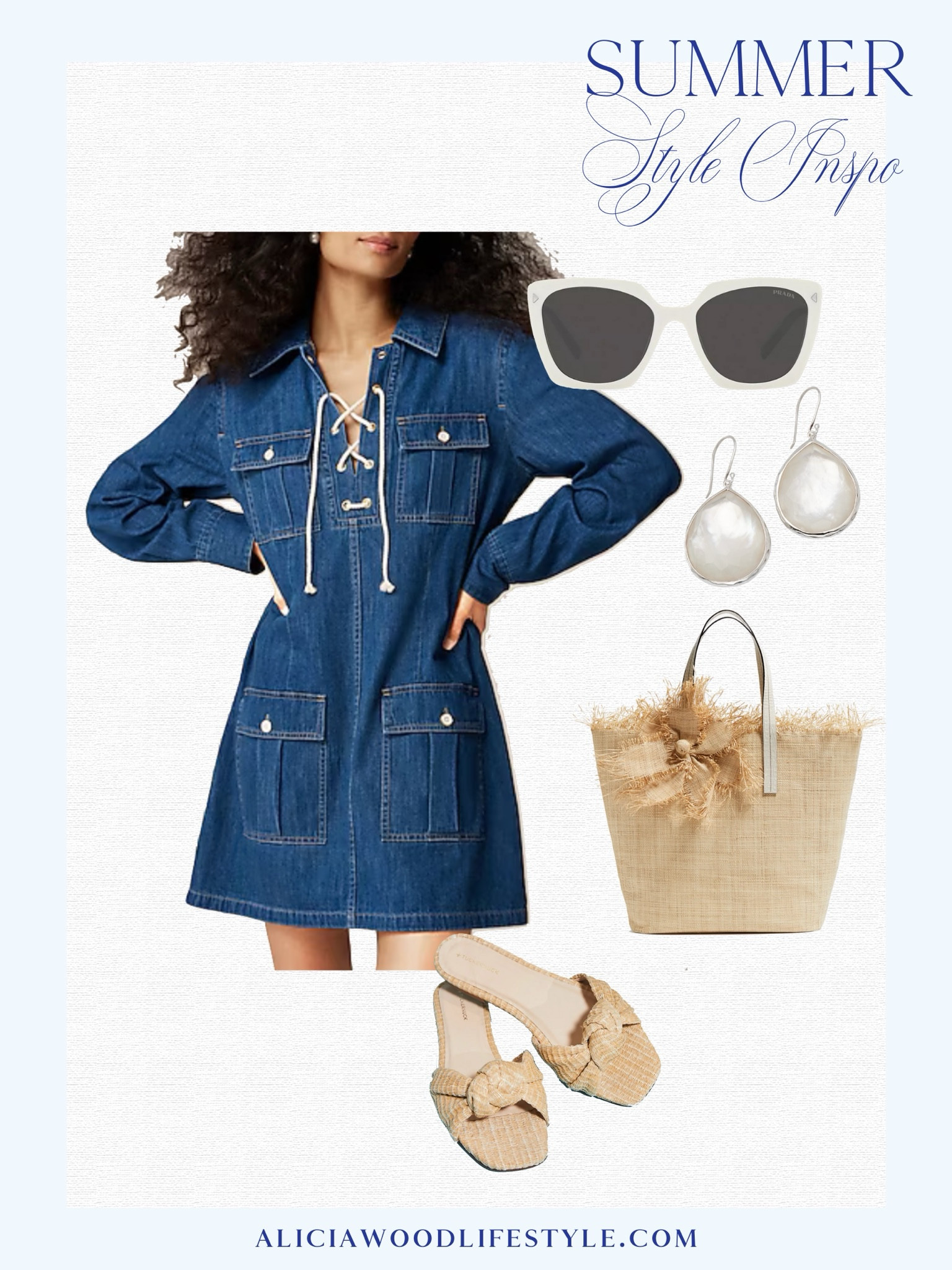 Denim dress with nautical lace up detail
Straw slide with knotted detail 
Ippolita drop earring
Straw tote 
White sunglasses


#LTKSeasonal #LTKStyleTip #LTKOver40