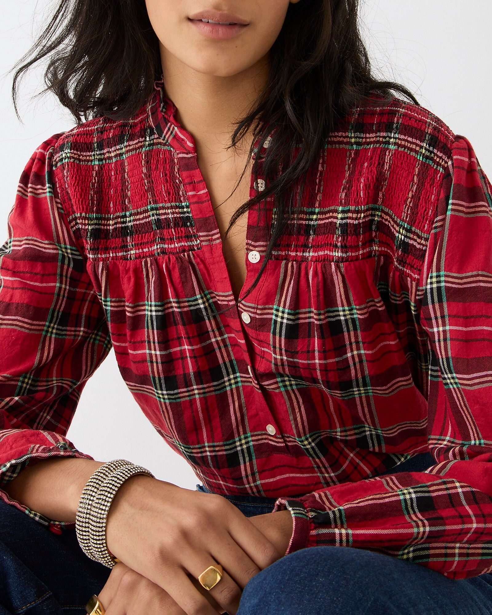 Ruffleneck cotton-blend flannel popover in Good Tidings plaid | J. Crew US