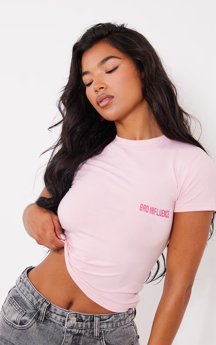 Pink Bad Influence Printed Long Fitted T Shirt | PrettyLittleThing UK