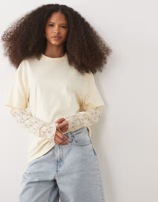Miss Selfridge oversized t-shirt with lace sleeve in butter yellow | ASOS | ASOS (Global)