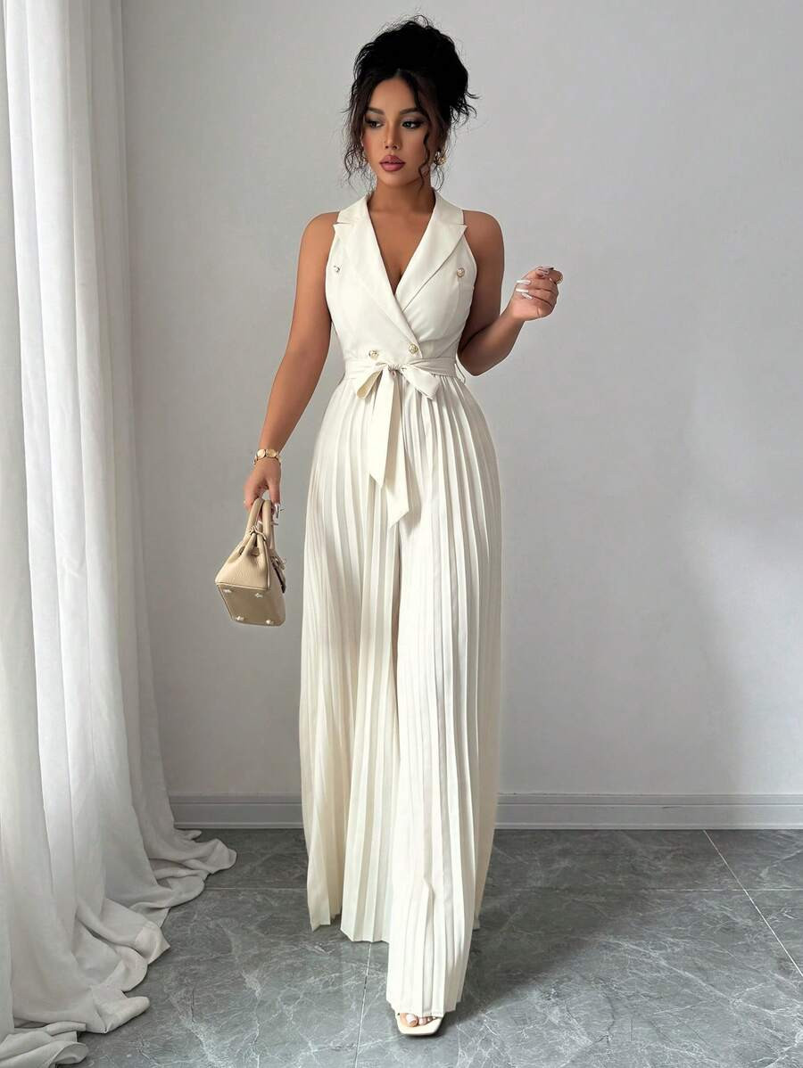 Elenzga Women's Summer Solid Color Lapel Neck Double-Breasted Pleated Wide Leg Sleeveless Jumpsui... | SHEIN