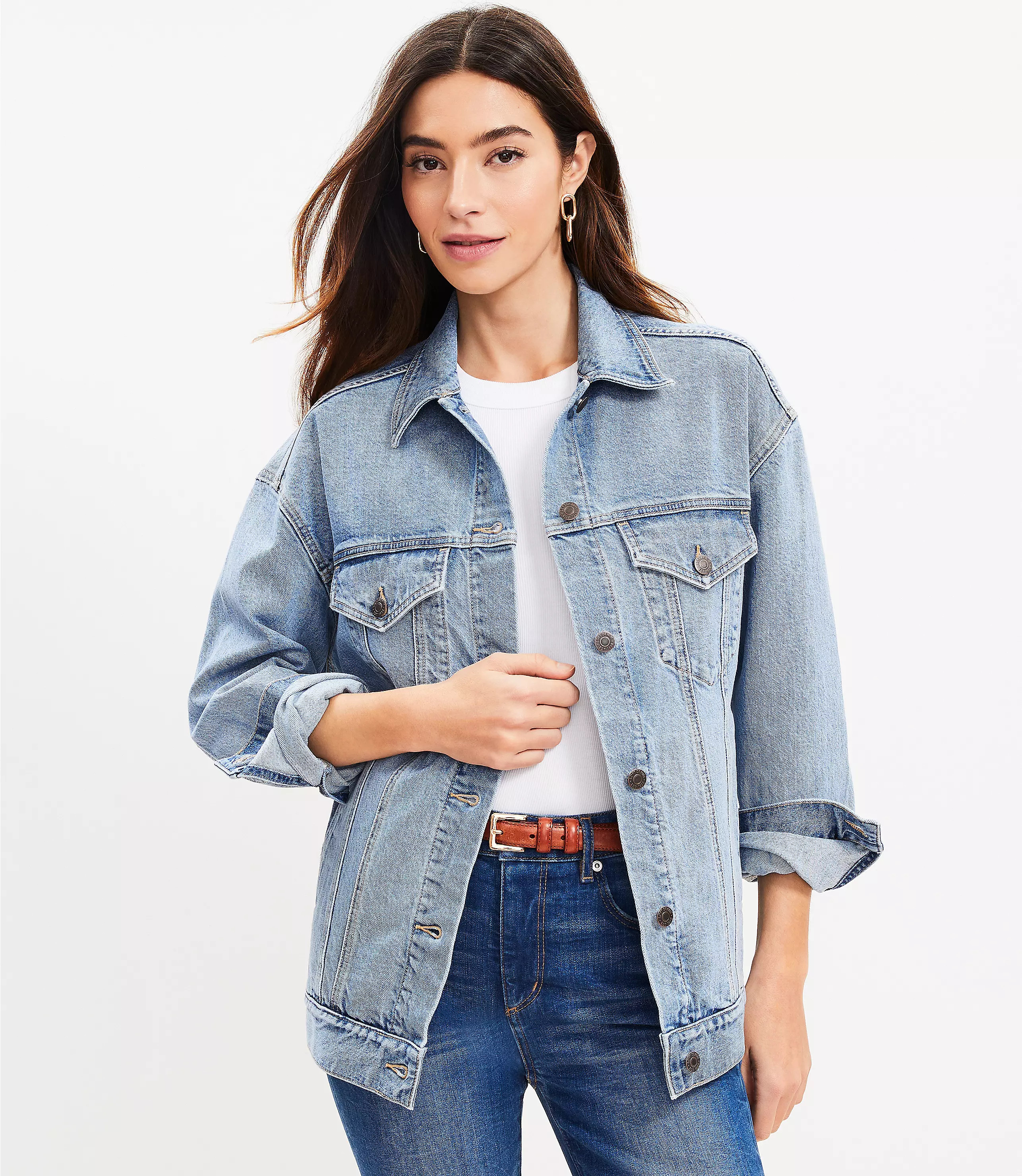 Oversized Denim Trucker Jacket in Light Wash Indigo | LOFT
