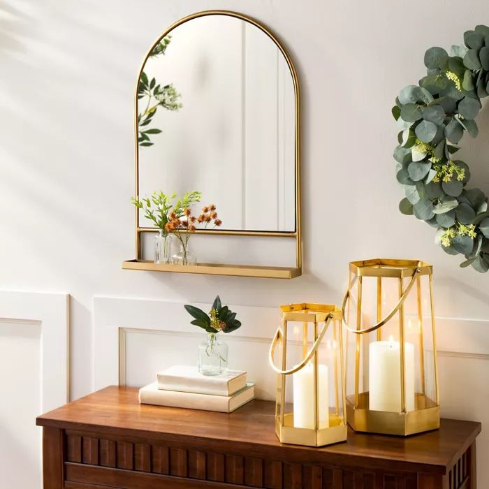 Arched Metal Frame Mirror with Shelf Brass Finish - Hearth & Hand™ with Magnolia | Target