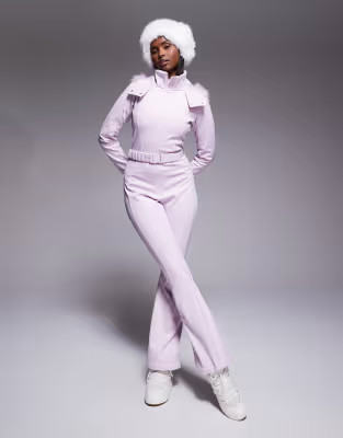 ASOS 4505 Ski soft shell belted ski suit with slim kick leg and faux fur hood in pink | ASOS (Global)
