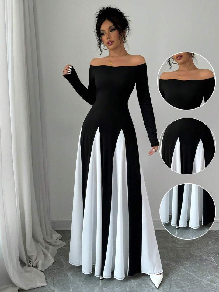 SHEIN Privé Elegant Sexy Daily Party Dress, Off-Shoulder Waist Cinched Bodycon Dress With White ... | SHEIN