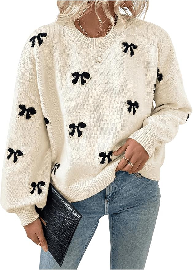 Women's Y2K Bow Print Sweater Crewneck Long Sleeve Drop Shoulder Knit Pullovers Sweaters | Amazon (US)