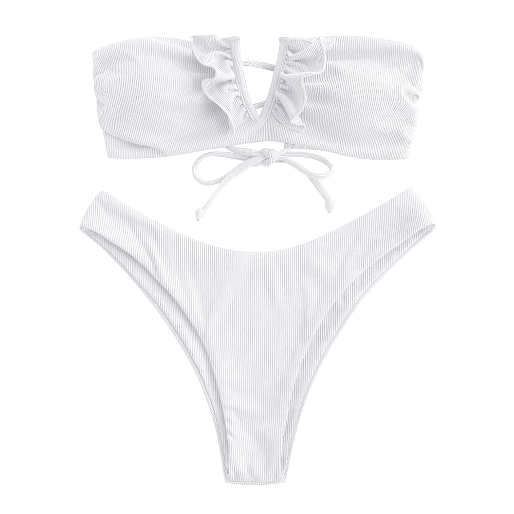 ZAFUL Women's Strapless Ribbed V Wired Lace Up Ruffle Tie High Cut Bandeau Swimsuits Bikini Set | Amazon (US)