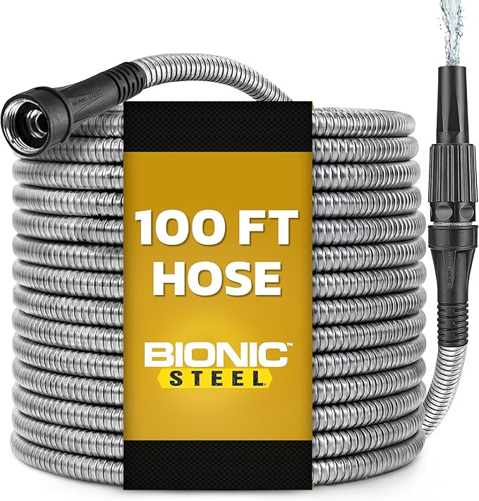 BIONIC STEEL 100 Ft Metal Garden Hose with Sprayer Nozzle, Non Kinking Designed Stainless Steel H... | Amazon (US)