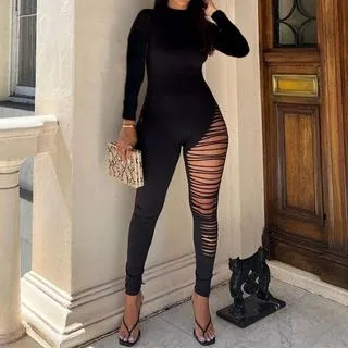 Long-Sleeve High Neck Plain Distressed Jumpsuit | YesStyle Global