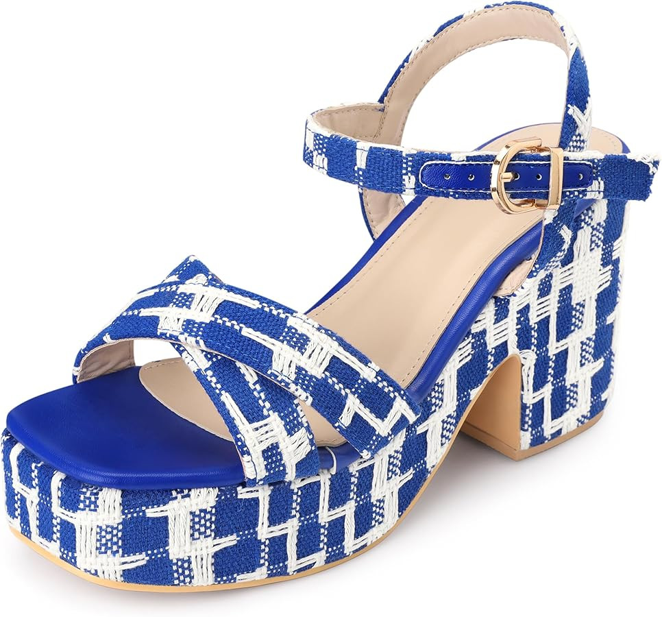 Allegra K Women's Cloth Checkered Pattern Platform Heels Chunky Heel Sandals | Amazon (US)