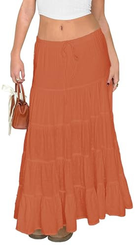 Tsher Women's Casual High Elastic Waist Ruffle Boho Pleated A-line Long Maxi Skirts 0333 (M, Orange) | Amazon (US)