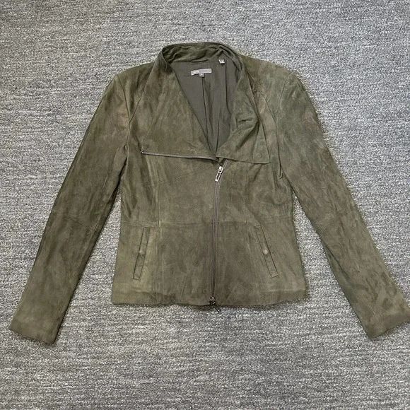 Vince Leather Jacket Women Medium Green Asymmetric Zip Biker Slim Suede Pockets | Poshmark