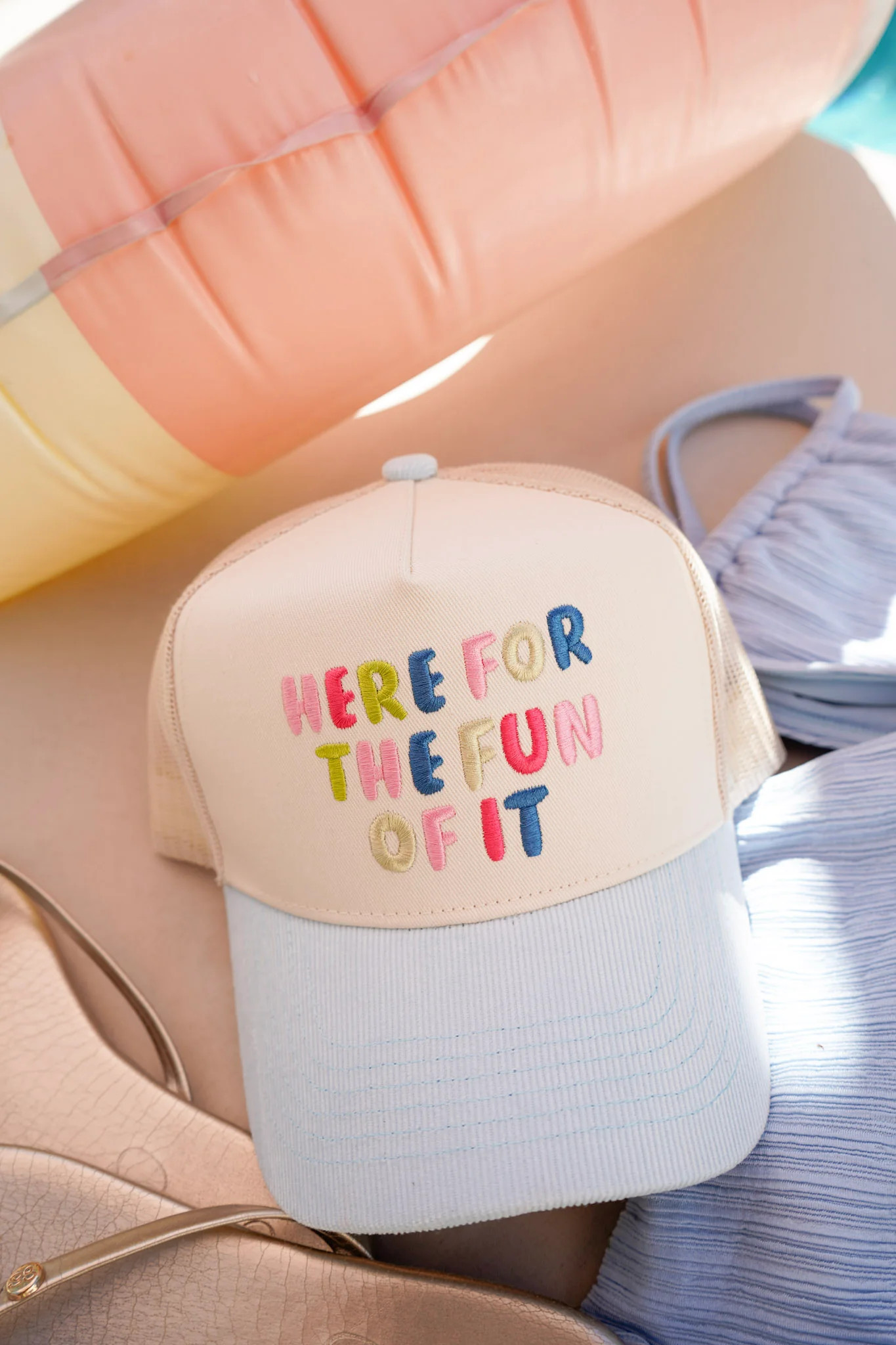 Here for the Fun of it - Baby Blue Corduroy Trucker Hat | KenzKustomz