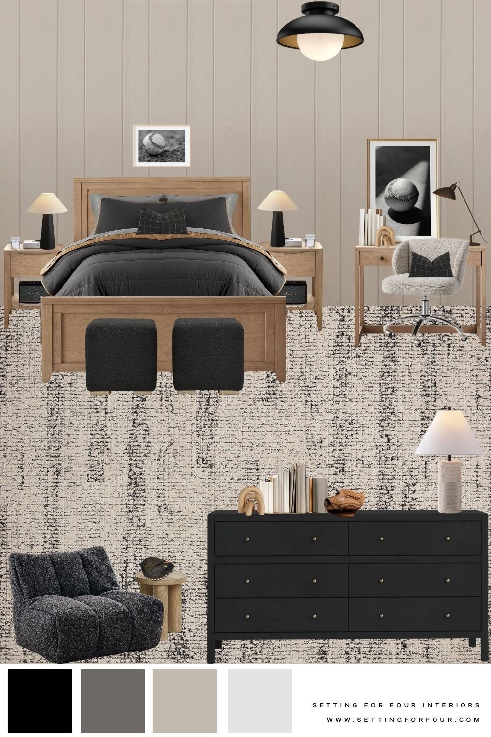Boys bedroom mood board, teen bedroom furniture and decor, kids room, boys baseball art, dresser, wood bed, lounge chair, kids desk, lighting, desk chair,  comforter set, nightstand, online interior design services, Designer, True Color Expert, modern, transitional, minimalist, farmhouse, earthy, black, beige, gray, sports, kids bedroom area rug, Amazon must haves, Pottery Barn style, Wayfair, Target, Walmart #LTKFindsUnder50, #LTKFamily 

#LTKHome #LTKKids #LTKSaleAlert
