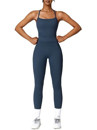 ABOCIW Workout Sets for Women 2 Piece Yoga Outfits Padded Sports Bra Cross Back Tank Top High Waist Leggings Gym Sets Work Out Clothes Navy Medium | Amazon (US)