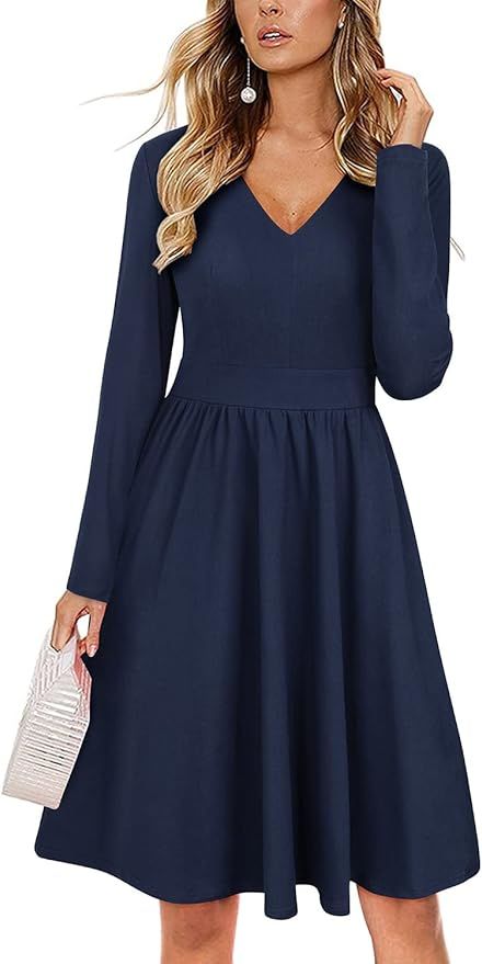 ULTRANICE Women's Fall Casual Long Sleeve Dresses V Neck Swing Midi Dress with Pockets | Amazon (US)