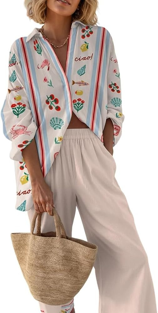 Women's 2-Piece Long Sleeve Shirt & Wide-Leg Pants Set Loose Print Outfit for Beach Vacation & Ca... | Amazon (US)