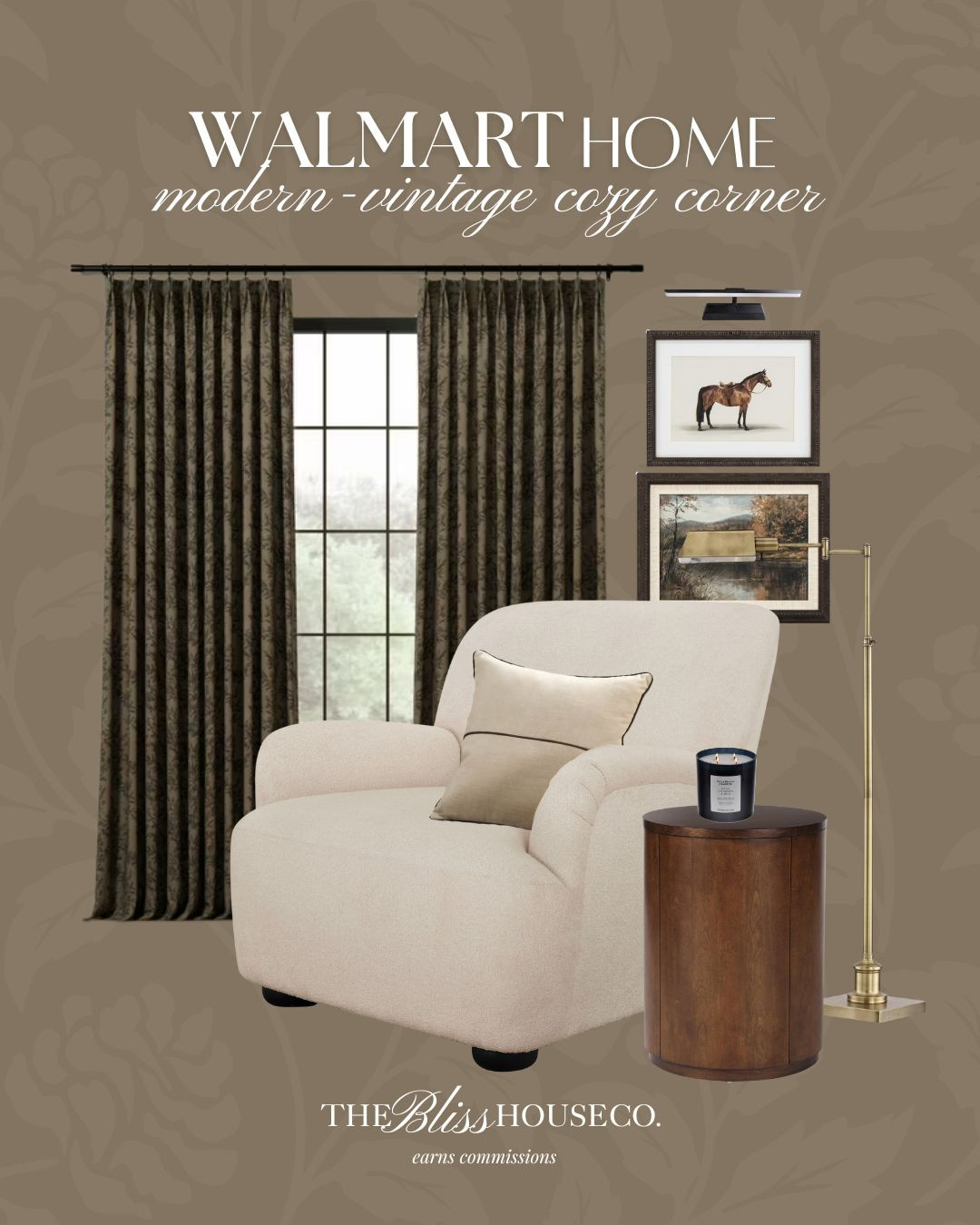 Modern-vintage cozy corner 🏡 Styled space, affordable home finds, TwoPages curtains, vintage inspired, wall art, affordable accent chair, home finds, living room, bedroom, reading nook, Walmart home finds. 

 #LTKHome #LTKFindsUnder100