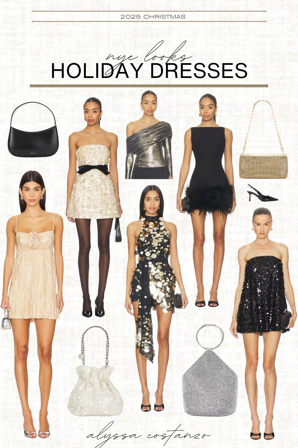 holiday dresses; nye dress; new years looks; sparkly dress; holiday party dress; classy; modern; bling; sparkly purse; gold purse; classic black handbag; evening purse 

 #LTKHoliday