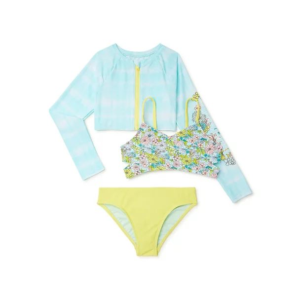 Wonder Nation Zip Long Sleeve Rashguard and Swimsuit with UPF 50+ Sun Protection, 3-Piece set Siz... | Walmart (US)