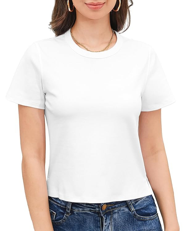 Stelle Women's Cotton T-Shirts Crewneck Short Sleeve Basic Tees Summer Casual Solid Crop Tops | Amazon (US)