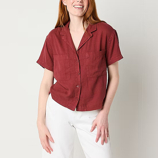 a.n.a Linen Womens Short Sleeve Regular Fit Button-Down Shirt | JCPenney