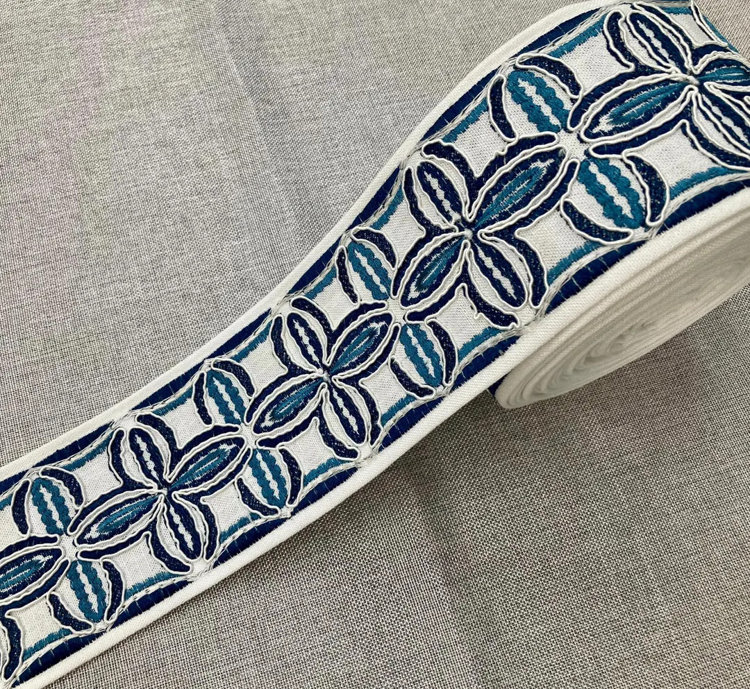 4" Wide White, Navy & French Blue Embroidery Trim Tape H-007/SAMPLE SWATCH 7 Inches Upholstery / ... | Etsy (US)