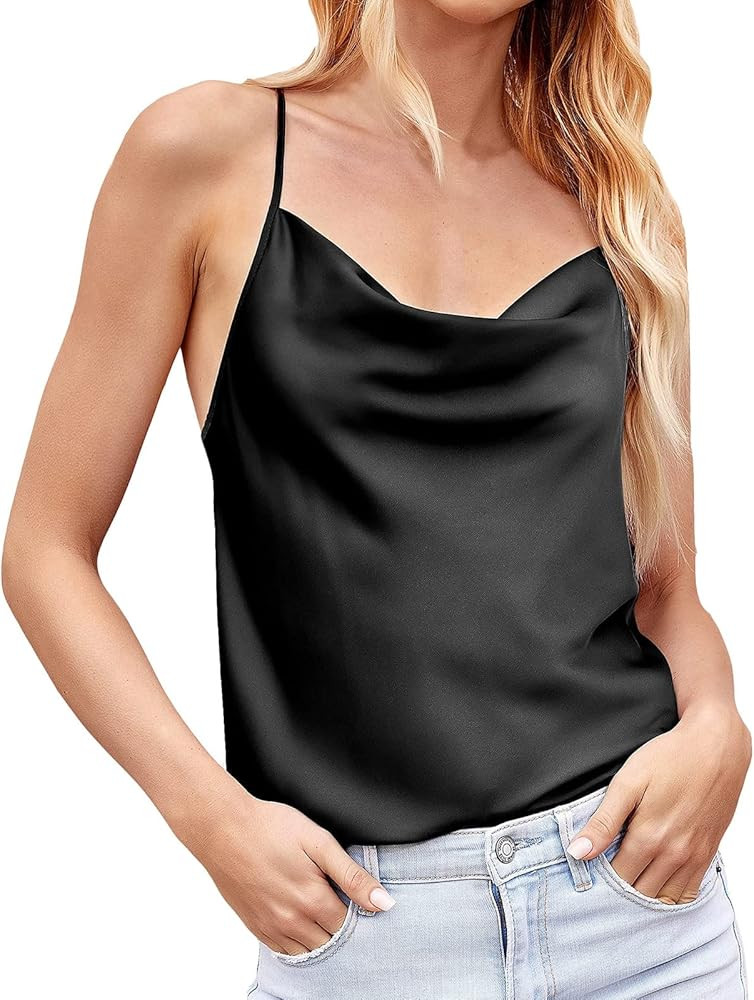 Women Silk Camisole Top Cowl Neck Camis Satin Tank Tops Sexy Spaghetti Strap Top Sleeveless Loose... | Amazon (US)