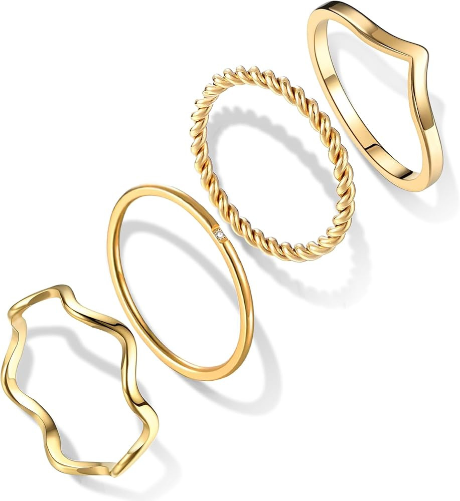 KELMALL 4PCS Gold Rings Set for Women, 18K Gold Plated Thin Rings Cubic Zirconia Promise Wedding ... | Amazon (US)