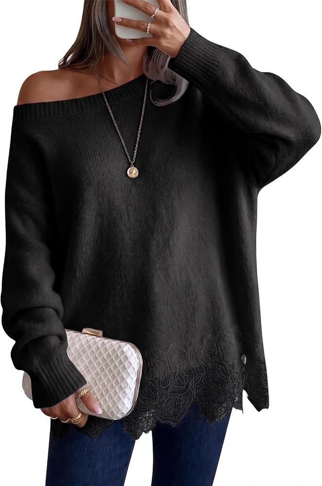 Saodimallsu Womens Lace Patchwork Sweater Long Sleeve Boat Neck Pullovers | Amazon (US)