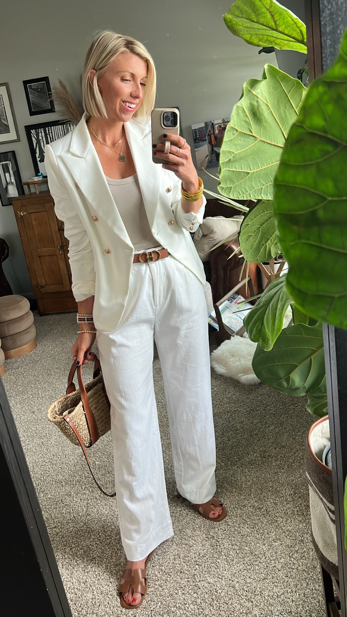 White linen pants are a summer staple! Pair w/ a ribbed tank, blazer & leather slides for an elevated look

wearing size medium tall in pants 
small tank 

#LTKworkwear #LTKFind #LTKstyletip