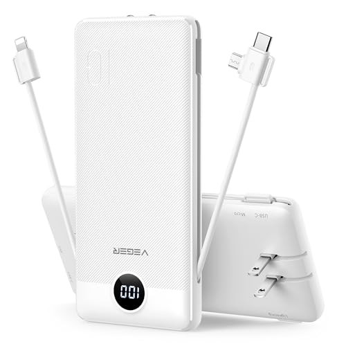 VEGER Portable Charger with Built-in AC Plug and Cables, All in One 10000mAh Ultra Slim Power Bank Travel Essentials, 15W Fast Charging Battery Pack Compatible with iPhone, Samsung, Android (White) | Amazon (US)