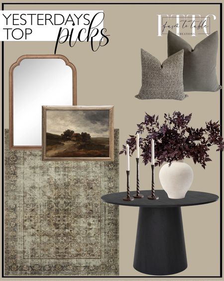Yesterday’s Top Picks. Follow @farmtotablecreations on Instagram for more inspiration.

Magnolia Home By Joanna Gaines X Loloi Sinclair Machine Washable Pebble / Taupe Area Rug. 30" x 42" French Country Wall Mirror - Threshold. Peppercorn Gray Pillow Cover. Acadia Pillow Cover. Moody Landscape Oil Painting / Rustic Farmhouse Art Print. Chunky Knit Bed Blanket - Casaluna. Krissan Vase. McGee & Co. New Afloral Plum Artificial Cimicifuga Plant Leaf Spray. Easton Forged-Iron Taper Candleholder. Studio A Home French Country Antique White Marble Round Decorative Bowl. 

Loloi Rugs | Chris Loves Julia | console table | console table styling | faux stems | entryway space | home decor finds | neutral decor | entryway decor | cozy home | affordable decor |  | home decor | home inspiration | spring stems | spring console | spring vignette | spring decor | spring decorations | console styling | entryway rug | cozy moody home | moody decor | neutral home



#LTKFindsUnder50 #LTKSaleAlert #LTKHome