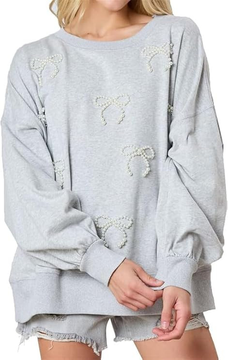 Y2k Pearl Bow Sweatshirt for Women Oversized Long Sleeve Pullover Shirt Fairycore Grunge Going Ou... | Amazon (US)