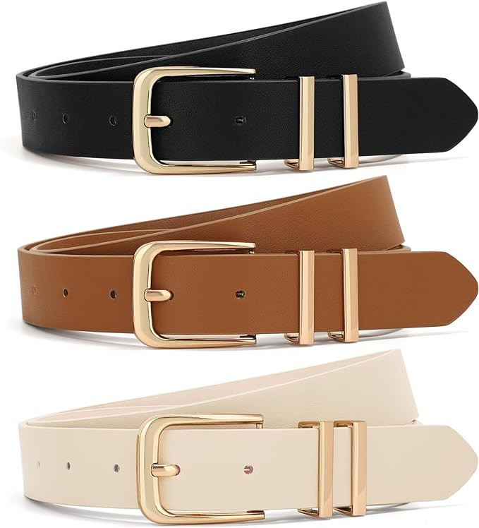 XZQTIVE 3 Pack Women Belts For Jeans Dresses Pants Ladies Leather Waist Belt with Gold Buckle | Amazon (US)