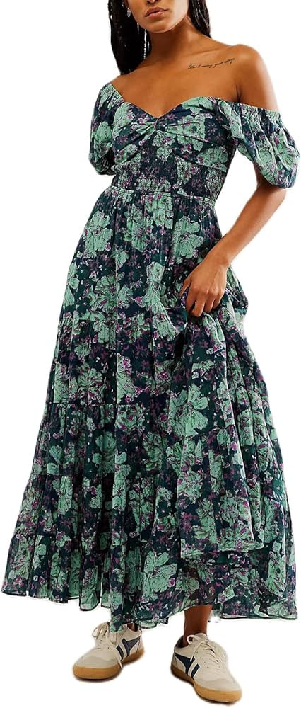 Women Spring Dresses Flowy Smocked Maxi Dress Puff Sleeve Sweetheart Y2K Floral Boho Summer Sundr... | Amazon (US)