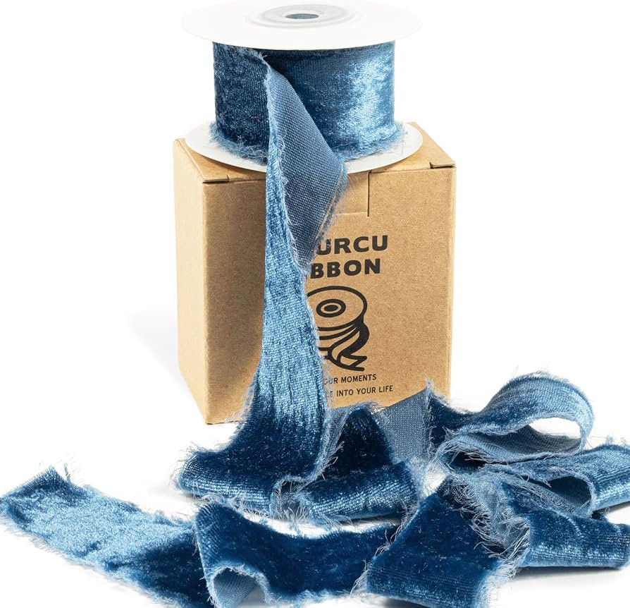 Dusty Blue Velvet Ribbon 1-1/2 Inch x 5 Yds Vintage Blue Frayed Velvet Christmas Ribbon for Gift ... | Amazon (US)