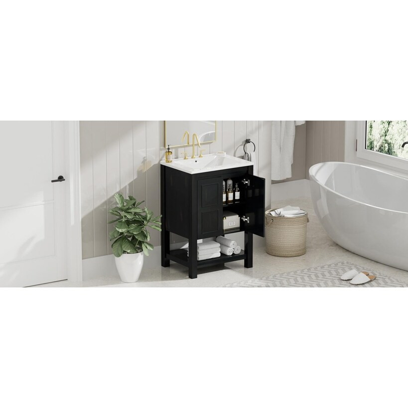 Vintage Style Bathroom Vanity Cabinet and Ceramic Sink Combo with Open Shelf, 2 Soft-close Doors | Bed Bath & Beyond