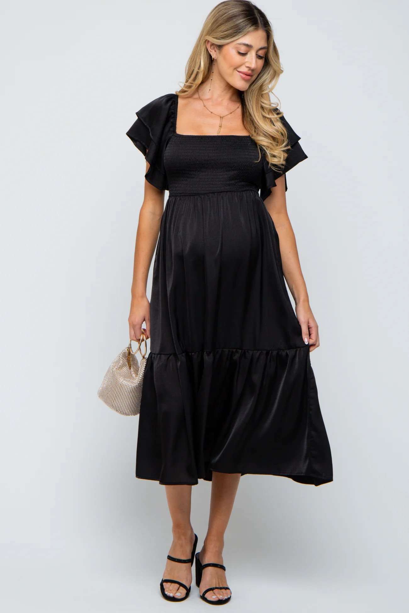 Navy Satin Flutter Sleeve Maternity Midi Dress | PinkBlush Maternity